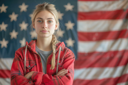 selective focus of mature man putting ballot in box on american flagの素材