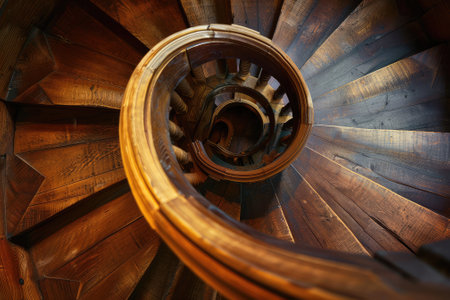 Wooden spiral staircase in the interior of a wooden house, close-upの素材
