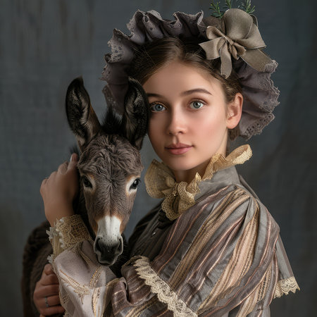 Portrait of a beautiful young girl with a donkey in the studio.の素材
