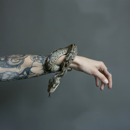 Snake on the hand of a tattooed woman. Gray background.の素材