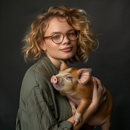 Young woman in glasses with a pig in her arms on a dark backgroundの素材