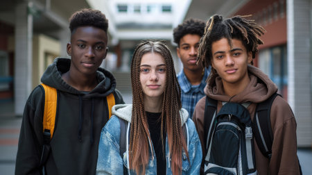 Portrait of a group of african american students standing together outdoorsの素材
