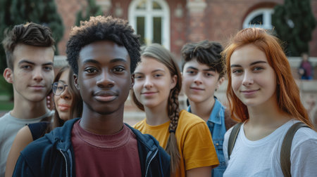 Group of multiethnic teenagers standing in a row and looking at cameraの素材
