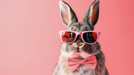 Easter bunny wearing pink sunglasses and bow tie on pink background.の素材