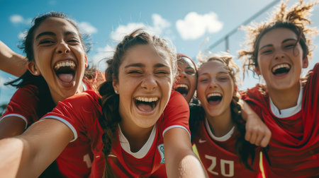 Group of happy female soccer fans cheering for their favorite team on a sunny dayの素材