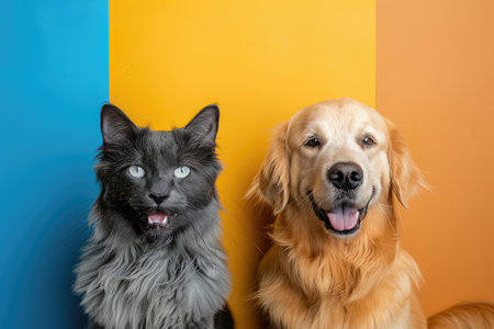 Two dogs and a cat in front of a yellow and orange backgroundの素材