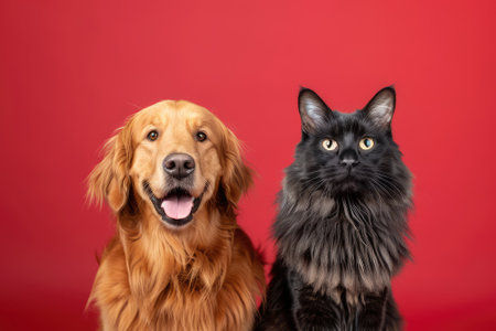 Studio shot of a mixed breed dog and a cat against a red background.の素材