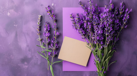 Lavender flowers on purple background. Top view, flat layの素材