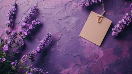 Lavender flowers and blank tag on purple textured background.の素材
