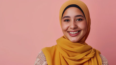 Portrait of beautiful young muslim woman wearing hijab smiling at camera while standing against pink backgroundの素材