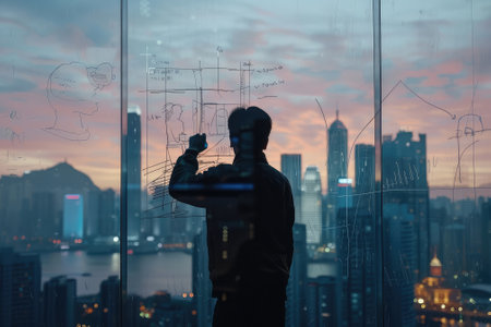 Businessman drawing plan on glass wall with cityscape background at nightの素材