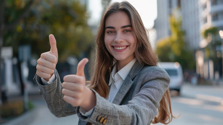 Cheerful young businesswoman showing thumbs up gesture and smiling while standing outdoorsの素材