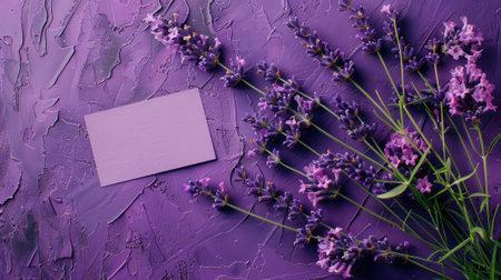 Lavender flowers on a purple background. Flat lay, top view.の素材