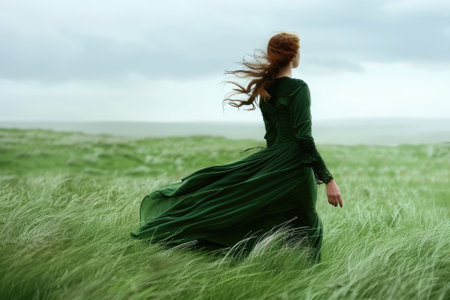 Young woman in long green dress with flying hair in the field.の素材