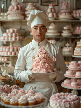 Portrait of a male pastry chef in uniform holding a cake in a bakeryの素材