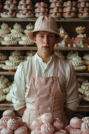 Portrait of a boy in a hat and apron with marshmallows in the bakeryの素材
