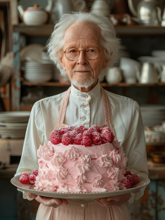 Elderly woman holding a cake with raspberries in her handsの素材