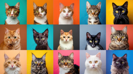 Portrait of a group of cats on a multicolored backgroundの素材