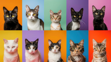 Group of cats in a collage on a multicolored backgroundの素材
