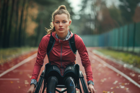 Athletic disabled woman in a wheelchair on a running trackの素材