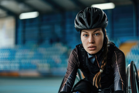 Portrait of sportswoman in wheelchair in sports hall during cycling raceの素材