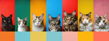 Group of cats on multicolored background. Banner with copy spaceの素材