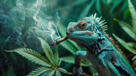 Blue iguana smoking a cigarette on the background of green vegetation.の素材