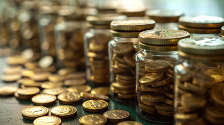 Coins in the glass jar on the table. Saving money concept.の素材