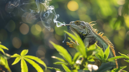 Green iguana on a branch with smoke in the summer garden.の素材
