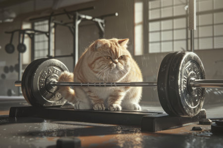 Ginger cat in the gym with barbell, toned imageの素材