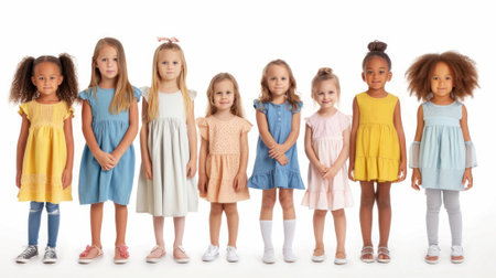 Group of children standing in a row on white background, full lengthの素材