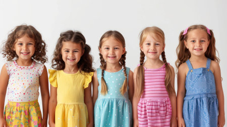 Portrait of cute little girls on white background. Adorable childrenの素材