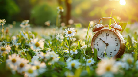 Vintage alarm clock in the grass with daisy flowers. Time conceptの素材