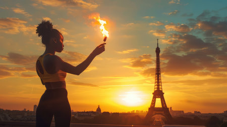 Young african american woman in sportswear holding burning torch in Paris at sunsetの素材