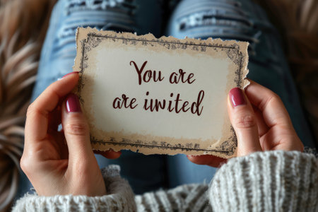 Young woman holding card with text You Are Invited, closeupの素材