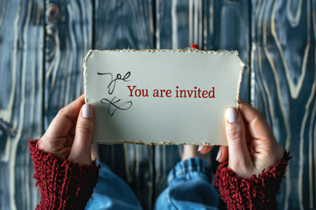 Woman holding a card with text You are Invited on wooden backgroundの素材