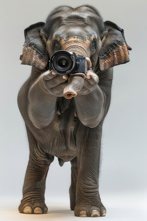 Elephant with a camera in his hands on a gray background.の素材