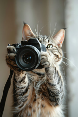 Cat photographer with camera on blurred background, closeup. Animal photographyの素材