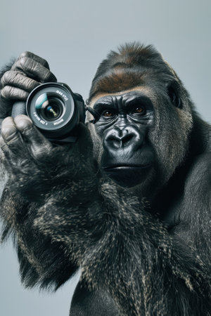 Portrait of a gorilla with a camera on a gray background.の素材