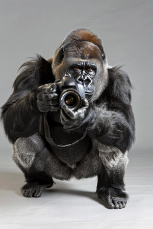 Gorilla with a camera. Studio shot. Gray background.の素材