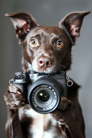 Portrait of a cute brown dog with a camera on a gray backgroundの素材