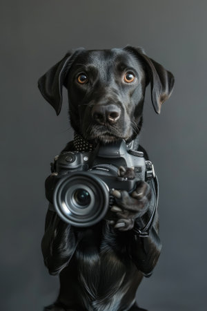 Studio shot of a black labrador retriever holding a camera.の素材