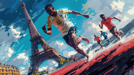 African american man running in Paris, France. Colorful illustration.の素材