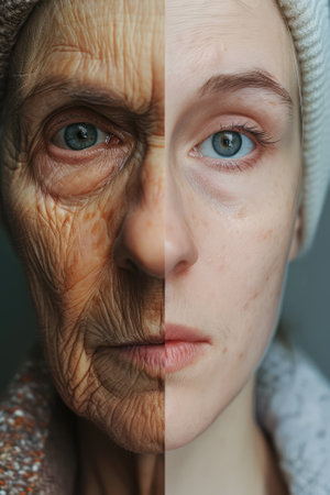 elderly woman wrinkles face before and after treatment, double exposureの素材