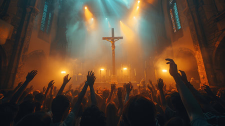 Crowd of people with raised hands in front of the Christian churchの素材