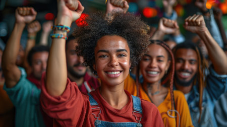 Group of hands raised up on blue background. Human rights concept.の素材
