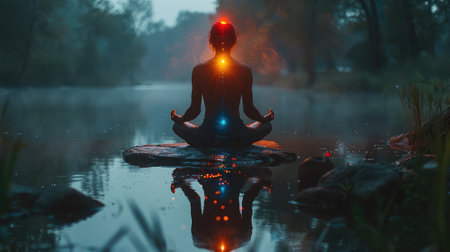 Woman practicing yoga in the lotus position on a stone in the riverの素材