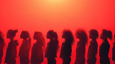 Silhouette of a group of young people on a red backgroundの素材