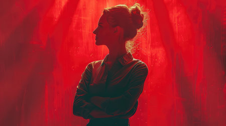 Portrait of a young woman standing in front of red wall.の素材