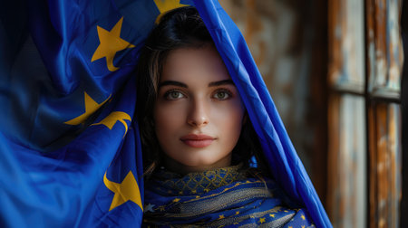 Close-up portrait of a beautiful girl with a flag of the European Unionの素材